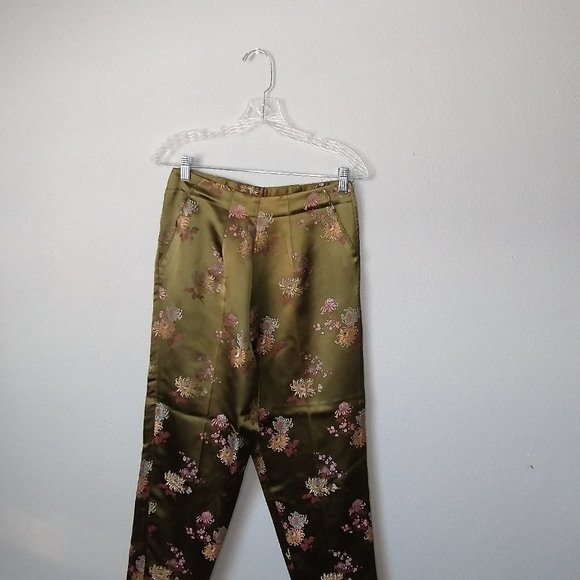 Vintage Olive Floral Embroidered Trousers Women’s Size 6 Side-Zip Rayon - Picture 1 of 9